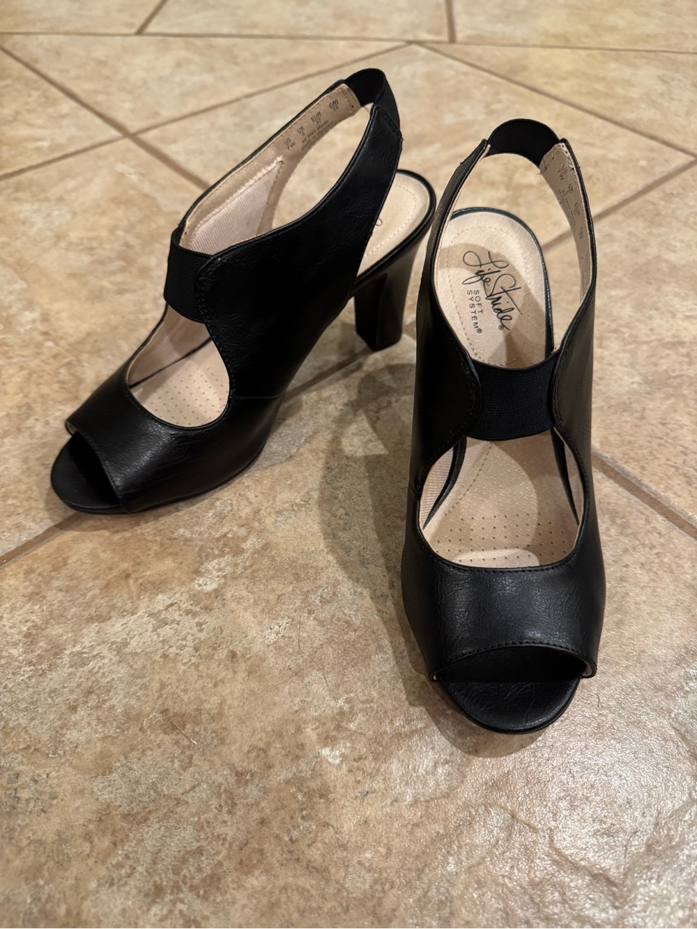 Life Stride Black Open-Toe Slingback Block Heels